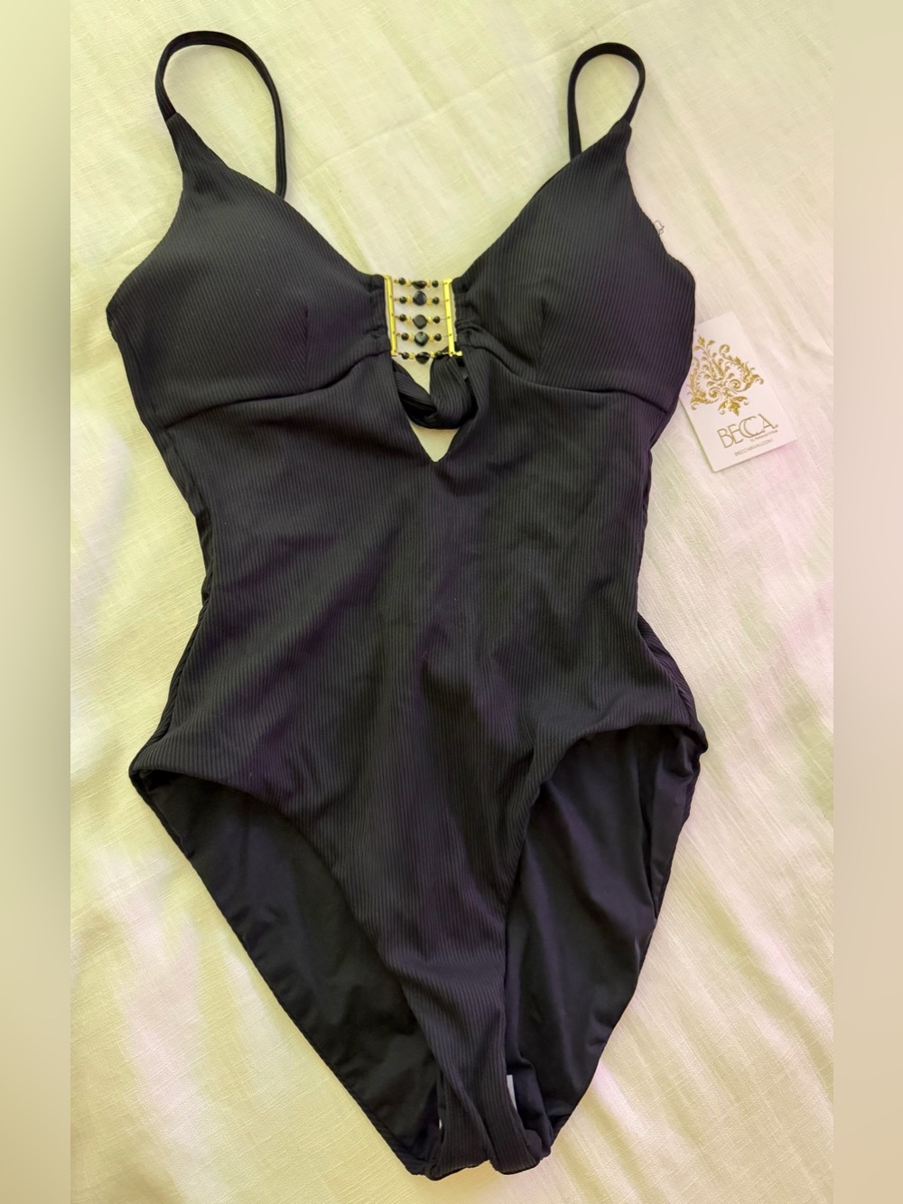 BECCA Black One-Piece Swimsuit with Center Buckle and Keyhole Size S NWT - Picture 8 of 8